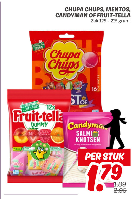 chupa chups candyman fruit-tella mentos snoep 16 fruit zak kleuren fruitsap jus 12x dummy stof lollipops knotsen enige cuit stuk folder aanbieding bij Dekamarkt Fruit-Tella snoep folder aanbieding bij Dekamarkt - details