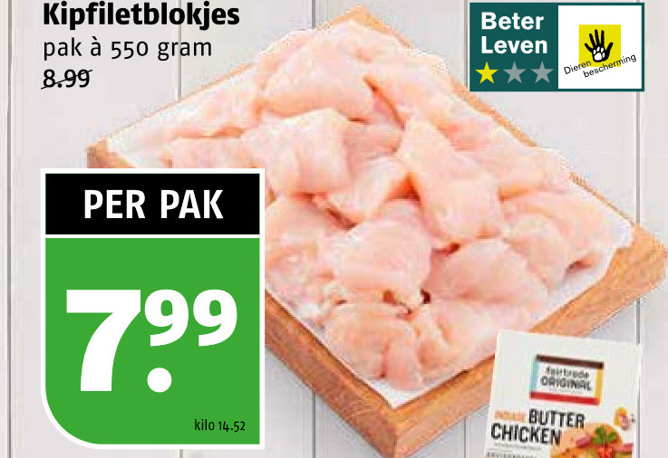 kipfiletblokjes pak beter leven fairtrade original kilo butter chicken folder aanbieding bij Poiesz