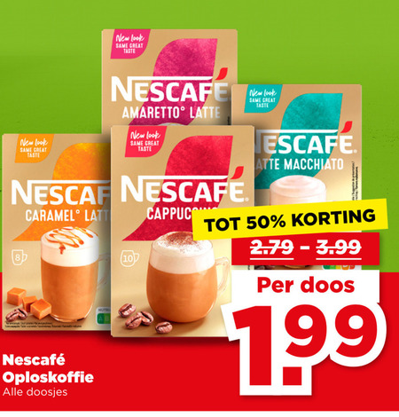 nescafe oploskoffie 8 10 50 new same taste amaretto latte caramel nutri b doosjes macchiato doos folder aanbieding bij Plus Nescafe oploskoffie folder aanbieding bij Plus - details