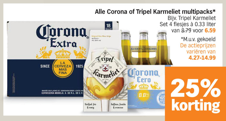 karmeliet corona speciaalbieren 4 16 18 25 since tripel multipacks bottles bier biere belge 0.0 liter m.u.v gekoeld varieeren la cerveza licentie verfijnd fris fraiche romig folder aanbieding bij Albert Heijn Karmeliet speciaalbier folder aanbieding bij Albert Heijn - details