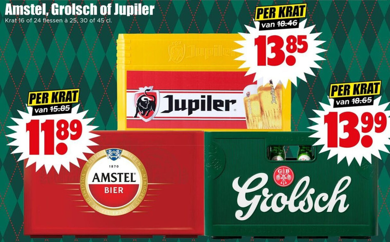 amstel grolsch jupiler krat bier 16 24 25 30 45 1870 flessen bieren folder aanbieding bij Dirk Amstel krat bier folder aanbieding bij Dirk - details