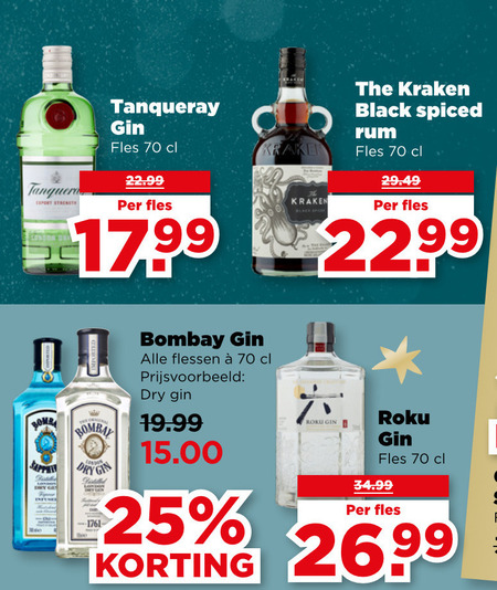 rum gin 25 export london dr tanqueray fles kraker kraken black spices spiced bomba sapph bombay dry flessen folder aanbieding bij Plus