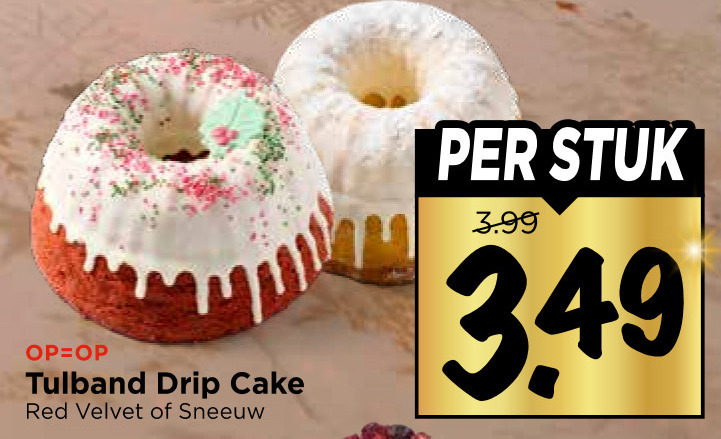 tulband stuk 3.99 drip cake red velvet sneeuw folder aanbieding bij Vomar