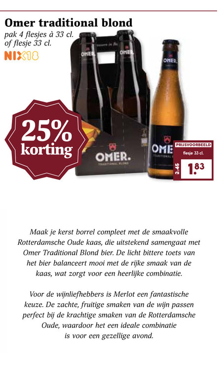 omer speciaalbieren 4 25 33 traditional blond pak flesje nix18 b kerst borrel smaakvolle rotterdamsche oude kaas bier licht bittere toets balanceert rijke combinatie wijnliefhebbers merlot zachte fruitige smaken wijn passen avond folder aanbieding bij MCD Supermarkt Basis Omer speciaalbier folder aanbieding bij MCD Supermarkt Basis - details