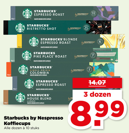 starbucks koffiecups 3 6 7 10 11 espresso roast roasted ground coffee capsules nespresso ristretto shot by blonde pike single origin colombia house blend lungo dozen stuks folder aanbieding bij Plus Starbucks koffiecups folder aanbieding bij Plus - details