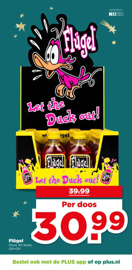 flugel likeur 18 25 40 let duck out gel jaar legitimatie zient alcohol nix18 doos stuks plus.nl folder aanbieding bij Plus Flugel likeur folder aanbieding bij Plus - details