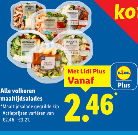 maaltijdsalade gegrilde geitenkaas garnalen gerookte volkoren maaltijdsalades kip sate varieeren folder aanbieding bij Lidl