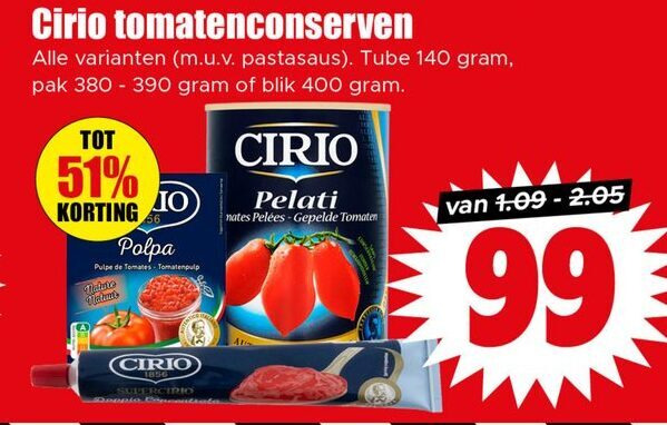 Cirio   tomatenpuree, tomatenblokjes folder aanbieding bij  Dirk - details