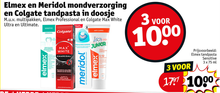 meridol colgate elmex tandpasta 3 100 1000 mondverzorging doosje multipakken professional white ultra ultimate sensitive original nieuwe formule incidenteel bloedend tandvlees anti caries bescherming beschermt gevoelige charcoal beschermen terugkerend junior tooth complex versterk herstelt natuurlijke witheid tanden verwijdert veilig glazuur jaar blijvende ml folder aanbieding bij Kruidvat Colgate tandpasta folder aanbieding bij Kruidvat - details