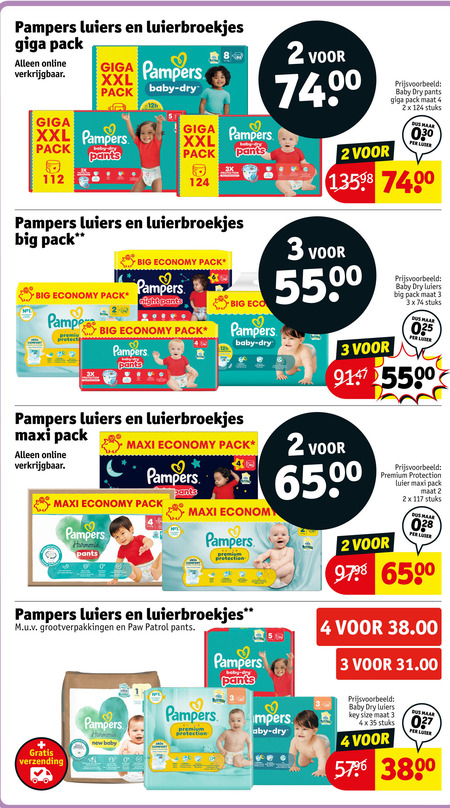 pampers luiers luierbroekjes 1 2 3 4 5 10 24 35 6500 giga pack online xxl baby dry free 17 pants 3x protection stop protect system big economy skin comfort premium ultra night eco maat stuks 030 luier prop maxi gentle harmonie duo paw patrol verzending new size folder aanbieding bij Kruidvat Pampers luiers, luierbroekjes folder aanbieding bij Kruidvat - details