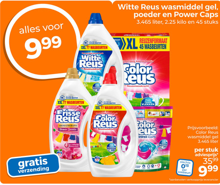 color reus frisse witte wasmiddel 20 45 water xxl wasbeurten berg reuzenwaskracht vlekken gel poeder power caps liter kilo stuks kracht xl reuzenformaat verzending when aromatherapie element sensatie orchidee natuurlijk bloemen extract velgen wasbeurt stuk folder aanbieding bij Trekpleister Color Reus wasmiddel folder aanbieding bij Trekpleister - details