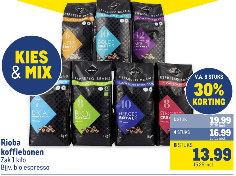 rioba koffiebonen 1 4 8 10 12 30 80 100 mix espresso beans roast medium fruity arabica dark decaf smooth bio easy sweet zak kilo italian style spicy intense robusta fierce royal beha stuk stuks v.a. folder aanbieding bij Makro Rioba koffiebonen folder aanbieding bij Makro - details