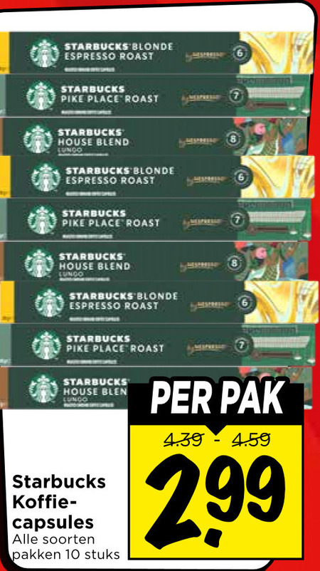 starbucks koffiecups 6 8 10 blonde espresso roast pike house blend lungo koffie capsules soorten pakken stuks pak folder aanbieding bij Vomar Starbucks koffiecups folder aanbieding bij Vomar - details