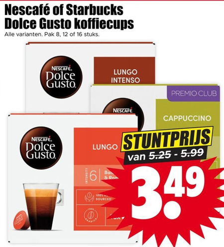 nescafe starbucks dolce gusto capsules 6 8 12 16 100 koffiecups pak stuks lungo intenso premio club cappuccino sourced folder aanbieding bij Dirk Nescafe dolce gusto capsules folder aanbieding bij Dirk - details