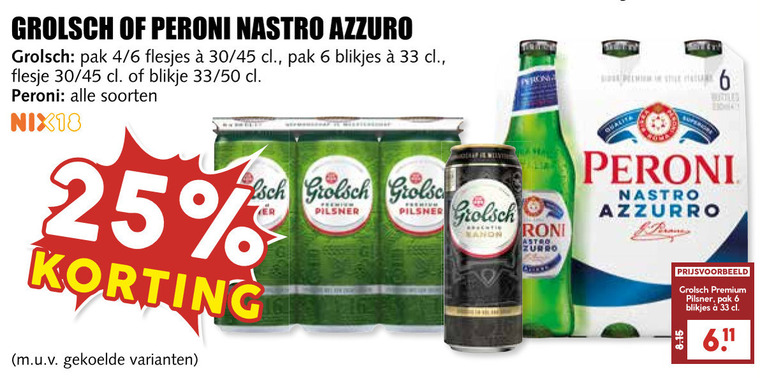 grolsch blikjes bier 6 25 33 peroni nastro pak 4 30 45 flesje blikje 50 soorten nix18 pilsner astro qualita azzurro premium folder aanbieding bij MCD Supermarkt Basis Grolsch blikje bier folder aanbieding bij MCD Supermarkt Basis - details