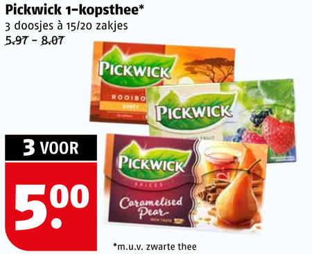 pickwick thee 1 3 500 kopsthee doosjes 15 20 zakjes rooibos spices caramelised pearl taste m.u.v zwarte folder aanbieding bij Poiesz Pickwick thee folder aanbieding bij Poiesz - details