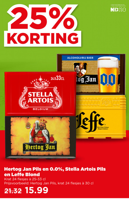 leffe hertog jan krat bier 18 24 25 30 jaar alcohol nix18 alcoholvrij anno stella artois belgium 00 biere belge belgisch abdijbier pils 0.0 blond 25-33 folder aanbieding bij Plus Leffe krat bier folder aanbieding bij Plus - details