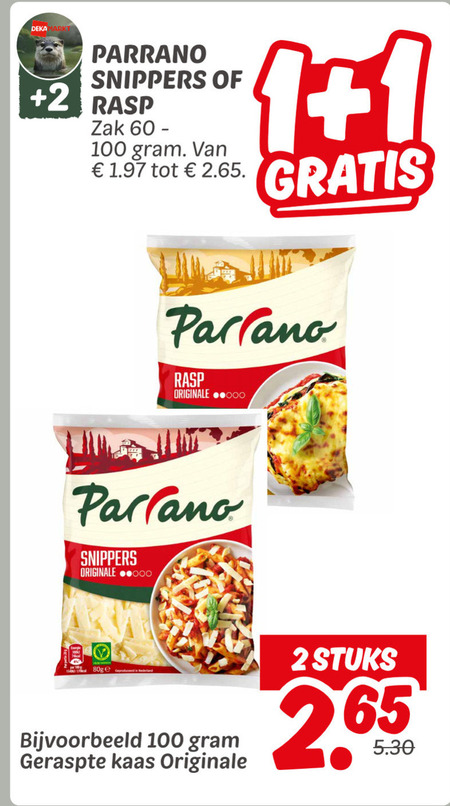 Parrano   geraspte kaas folder aanbieding bij  Dekamarkt - details