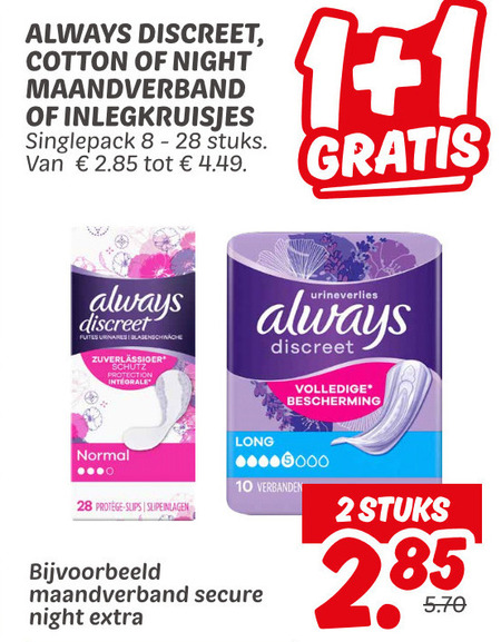 Always   maandverband, inlegkruisjes folder aanbieding bij  Dekamarkt - details