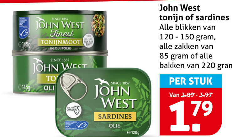 John West   tonijn in blik, sardientjes folder aanbieding bij  Hoogvliet - details