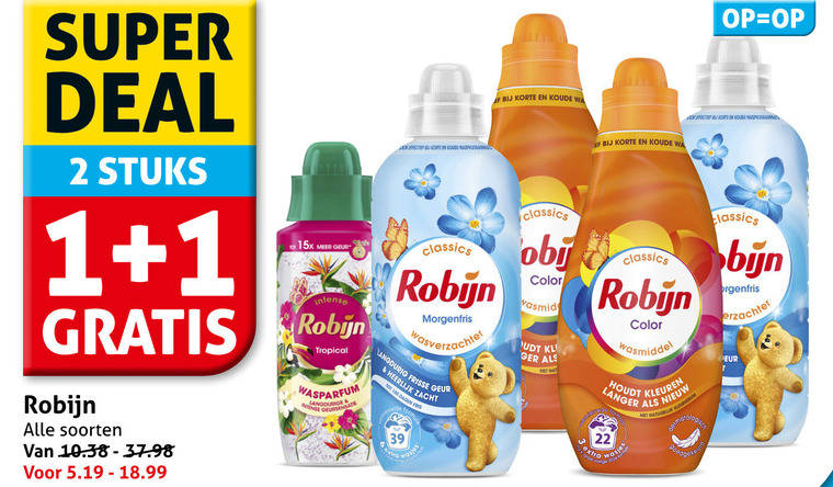 robijn wasmiddel wasverzachter 1 2 3 100 super deal stuks soorten geur intense tropical effectief korte koude classics morgenfris langdurig frisse zacht dagen fris formaat wasjes wa color nat kleuren langer vorige eur folder aanbieding bij Hoogvliet Robijn wasmiddel, wasverzachter folder aanbieding bij Hoogvliet - details