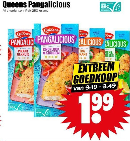 queens pangasius 250 pangalicious pak pikant gekruid krokant visfilet knoflook kruiden extreem folder aanbieding bij Dirk Queens pangasius folder aanbieding bij Dirk - details