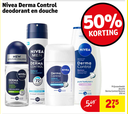 nivea douchegel deodorant 50 250 derma control douche new with sensitive anti irritation men defend comfort pro vitamin irritatie alcohol active protection 72h transpirant transparant restore peaux sensibles gevoelige huid am verzocht formula vitamins oils cleansing 250ml ml folder aanbieding bij Kruidvat Nivea douchegel, deodorant folder aanbieding bij Kruidvat - details
