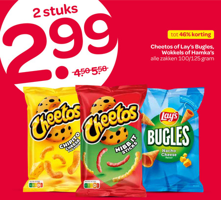 lays cheetos zoutjes 2 46 stuks chipito bugles wokkels zakken 100 nacho cheese score folder aanbieding bij Spar Cheetos zoutje folder aanbieding bij Spar - details