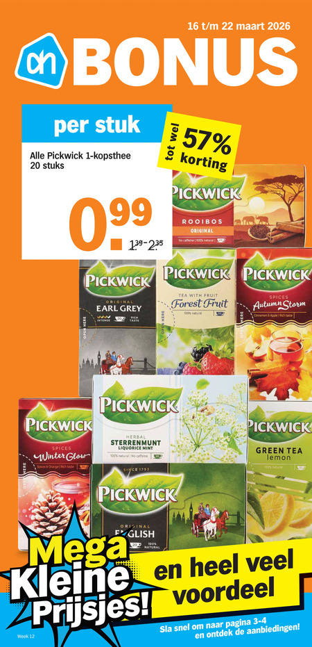 pickwick thee 1 12 16 20 22 100 200 open stuk kopsthee stuks rooibos original caffeine natural spices winter glow orange taste earl grey intense be tea with fruit forest autumn storm cinnamon apple herbal sterrenmunt liquorice mint since green lemon mega kleine prijsjes voordeel week sla pagina folder aanbieding bij Albert Heijn Pickwick thee folder aanbieding bij Albert Heijn - details