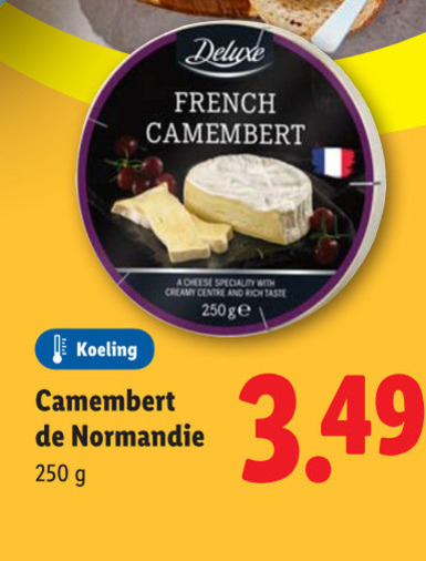 camembert 250 french koeling cheese with creamy centre and taste normandie folder aanbieding bij Lidl