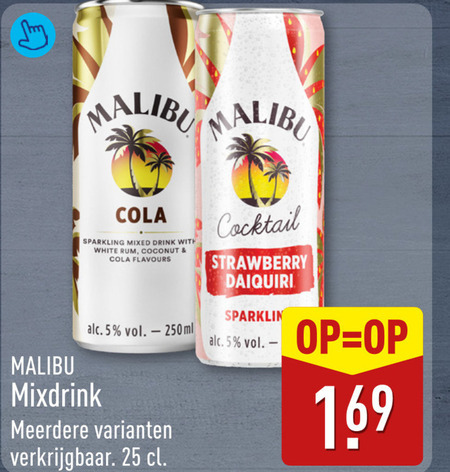 malibu mixdrank 5 25 cola sparkling mixed drink with white rum coconut flavours 250ml mixdrink meerdere cocktail strawberry daiquiri sparklin folder aanbieding bij Aldi Malibu mixdrank folder aanbieding bij Aldi - details