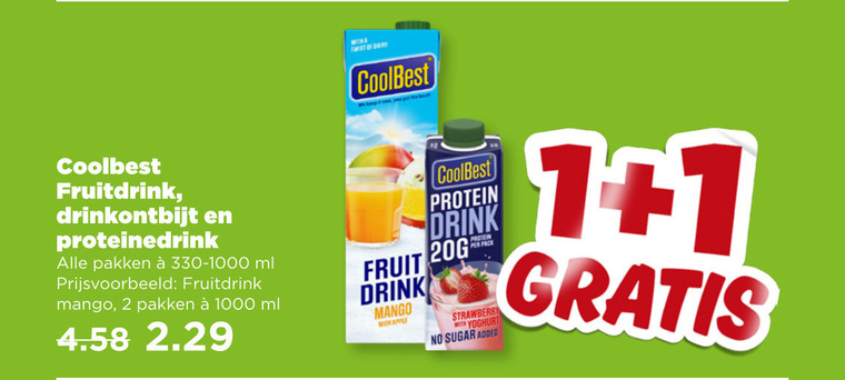 coolbest vruchtensap 1 2 17 1000 fruitdrink drinkontbijt pakken ml mango fruit drink with apple protein pack strawberry yoghurt sugar added folder aanbieding bij Plus Coolbest vruchtensap folder aanbieding bij Plus - details