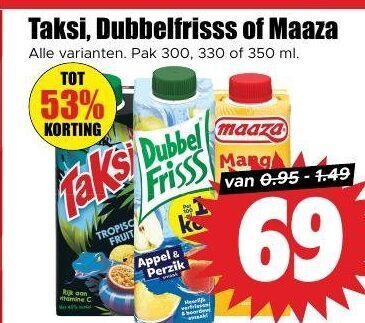 maaza taksi dubbelfrisss fruitdrank 69 300 330 350 pak ml dubbel fruit frisss appel perzik folder aanbieding bij Dirk Taksi fruitdrank folder aanbieding bij Dirk - details