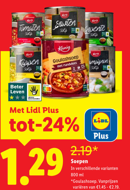 soep 24 tomaten kippen erwten kania goulashsoep rundvlees champignon beter leven dieren bescherming soepen ml varieeren folder aanbieding bij Lidl