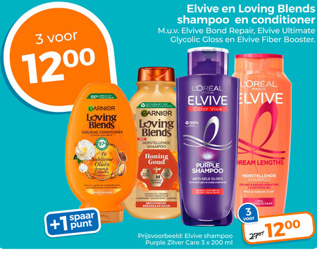 elvive garnier loving blends conditioner shampoo 3 100 200 bond repair ultimate gloss booster gerecycled recyclebaar sublieme siliconen argan camelia verde glans lichte droog dof haar 1 spaar punt fles gemaakt plastic honing goud acacia manuka lavendel herstelt tekenen gespleten punten haarbreuk breekbaar paris color vive purple anti gele oranje ondertonen bruin blond grijs zilver care ml dream lengths plantaardige keratine castor olie red cm lang folder aanbieding bij Trekpleister Garnier Loving Blends shampoo, conditioner folder aanbieding bij Trekpleister - details