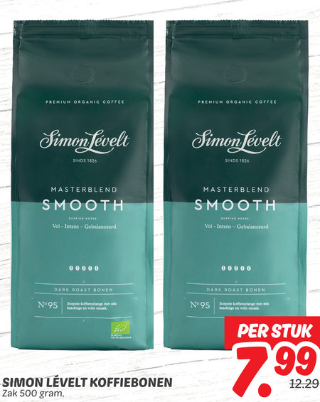 simon levelt koffiebonen 500 premium organic coffee smooth cupping notes dark roast bonen soepele koffiemelange volle zak stuk folder aanbieding bij Dekamarkt Simon Levelt koffiebonen folder aanbieding bij Dekamarkt - details