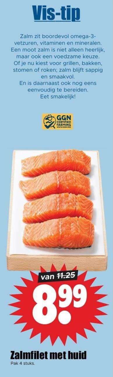 zalmfilet 4 vis tip zalm boordevol omega vetzuren vitaminen mineralen moot voedzame kiest grillen bakken stomen roken sappig smaakvol bereiden certified farming huid pak stuks folder aanbieding bij Dirk