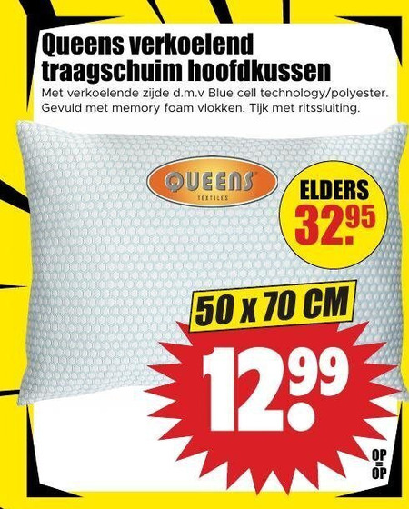 hoofdkussen 50 queens verkoelend traagschuim verkoelende zijde blue cell technology polyester gevuld memory foam vlokken tijk ritssluiting textiles elders cm folder aanbieding bij Dirk