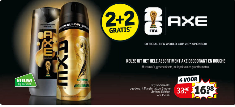 axe deodorant 2 4 150 smoke official fifa kruidvat world cup sponsor assortiment douche m.u.v geschenksets multipakken grootformaten marshmallow limited edition ml folder aanbieding bij Kruidvat Axe deodorant folder aanbieding bij Kruidvat - details