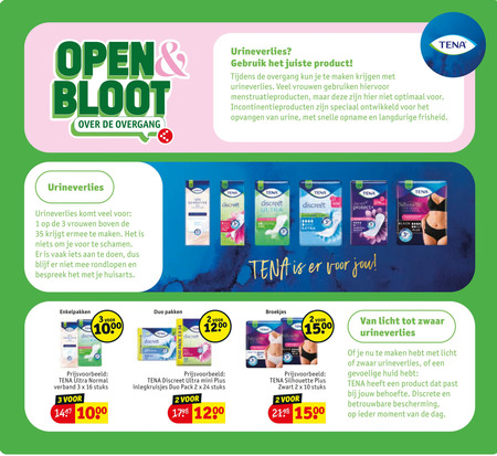 incontinentieverband 1 2 3 10 16 24 35 1000 1500 tena open bloot overgang urineverlies gebruik vrouwen gebruiken optimaal incontinentieproducten ontwikkeld opvangen urine opname boven schamen doen rondlopen bespreek huisarts discreet ultra silhouette protect enkelpakken duo pakken pack normal verband stuks mini inlegkruisjes broekjes zwart licht zwaar gevoelige huid behoefte discrete bescherming moment dag folder aanbieding bij Kruidvat