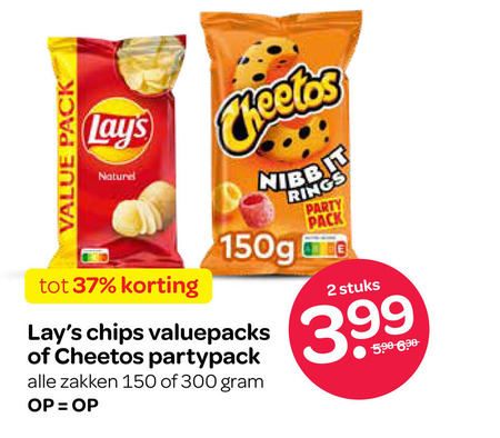 lays cheetos zoutjes chips 2 150 300 pack naturel nibbit partypack zakken rings party stuks 3.99 folder aanbieding bij Spar Lays chips, zoutje folder aanbieding bij Spar - details