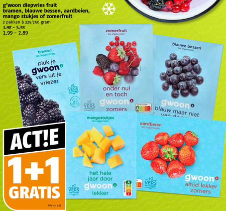 gwoon diepvriesfruit 1 2 diepvries fruit bramen blauwe bessen aardbeien mango stukjes zomerfruit pakken 225 250 ingevroren vers vriezer zomers mangostukjes blauw jaar kilo v.a. folder aanbieding bij Poiesz Gwoon diepvriesfruit folder aanbieding bij Poiesz - details