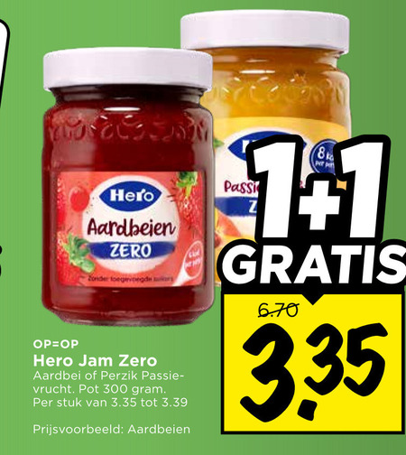 hero jam 300 aardbeien zero toegevoegde aardbei perzik passie vrucht pot stuk 1.1 folder aanbieding bij Vomar Hero jam folder aanbieding bij Vomar - details