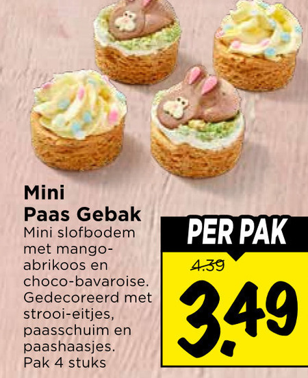 gebak 4 mini paas mango abrikoos choco bavaroise gedecoreerd strooi eitjes paasschuim paashaasjes pak stuks folder aanbieding bij Vomar