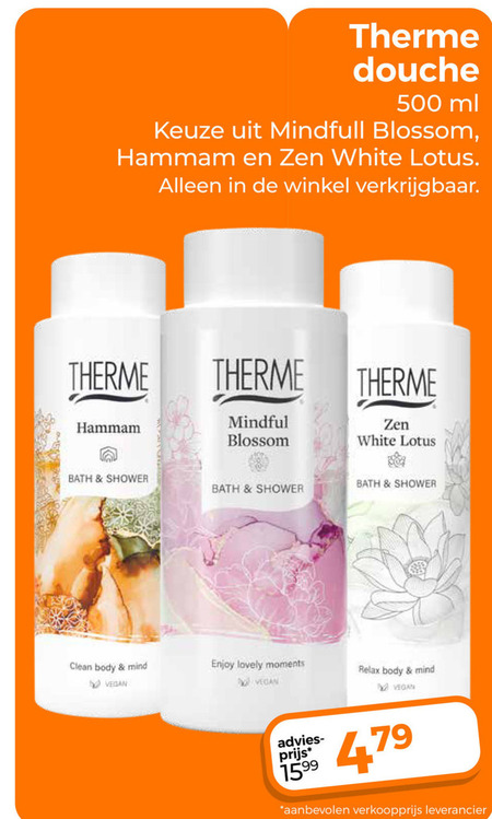 therme douchegel 500 douche ml blossom hammam zen white lotus bath shower clean body mind enjoy lovely moments relax folder aanbieding bij Trekpleister Therme douchegel folder aanbieding bij Trekpleister - details
