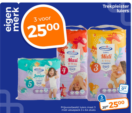 trekpleister huismerk luiers 3 4 5 35 64 merk junior skinprotect maxi midi maat valuepack stuks luier folder aanbieding bij Trekpleister Trekpleister Huismerk luiers folder aanbieding bij Trekpleister - details