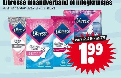 libresse inlegkruisjes maandverband 2 9 30 32 pak stuks dailies style fresh folder aanbieding bij Dirk Libresse inlegkruisjes, maandverband folder aanbieding bij Dirk - details