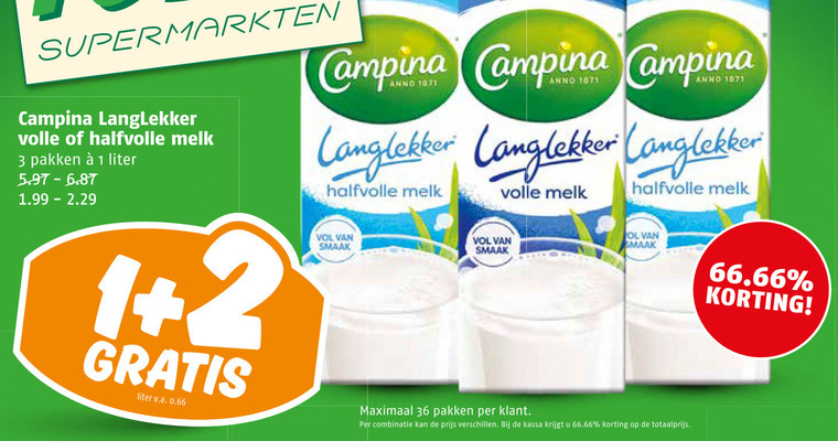 campina melk 1 2 3 36 supermarkten langlekker volle halfvolle pakken liter v.a. maximaal combinatie kassa folder aanbieding bij Poiesz Campina melk folder aanbieding bij Poiesz - details