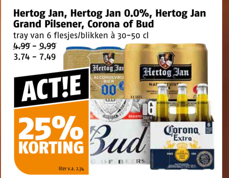 bud corona hertog jan speciaalbieren blikjes bier 6 25 0.0 grand pilsener tray blikken 00 lid liter v.a. beers nat folder aanbieding bij Poiesz Corona blikje bier, speciaalbier folder aanbieding bij Poiesz - details