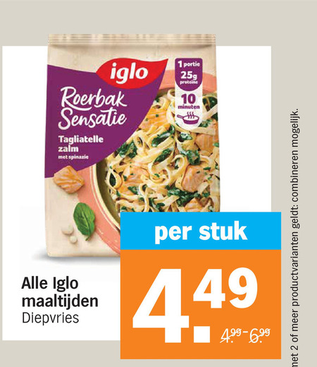 iglo diepvriesmaaltijd 1 2 10 roerbak sensatie tagliatelle zalm spinazie proteine minuten maaltijden diepvries stuk productvarianten combineren folder aanbieding bij Albert Heijn Iglo diepvriesmaaltijd folder aanbieding bij Albert Heijn - details